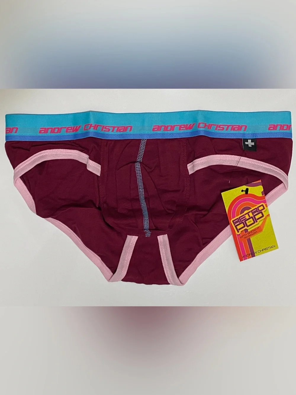 NWT! Andrew Christian RETRO Pop 💥 Sonic Brief w/Show-It Tech MED Burgundy